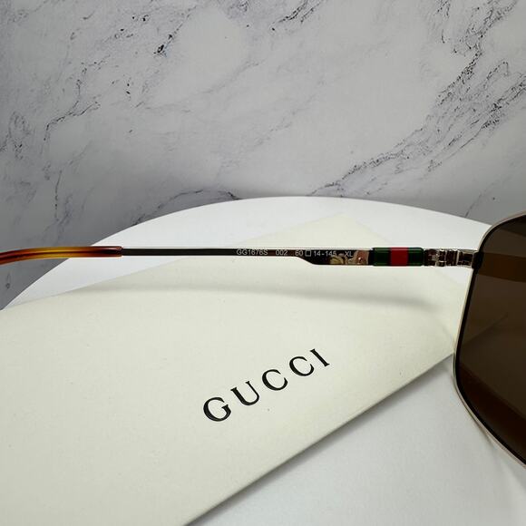 New GUCCI Sunglasses Gold Metal Aviator Square Red Green Web Logo 60mm - Picture 10 of 16